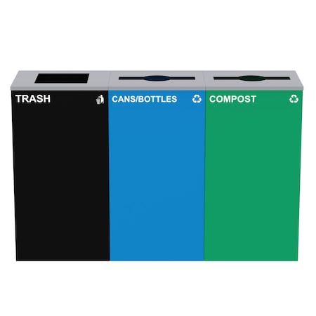 Alpine Industries 87 Gal. 3-Stream Steel Blue Cans & Bottles, Green Compost, and Black Commercial Trash Can Station ALP4450-BLK-KIT29